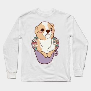 Cute Chihuahua dog in a bucket of flowers Long Sleeve T-Shirt